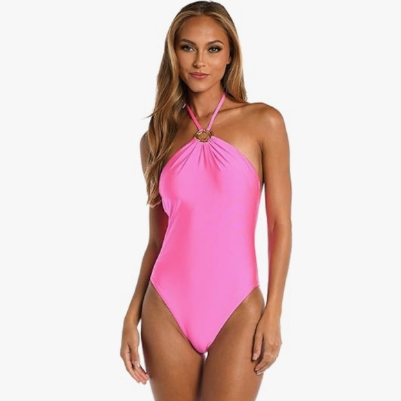 SUNSHINE 79 Sunshine Solids High Neck One Piece Gold Hardware Electric Pink Sz 4 - Picture 1 of 6